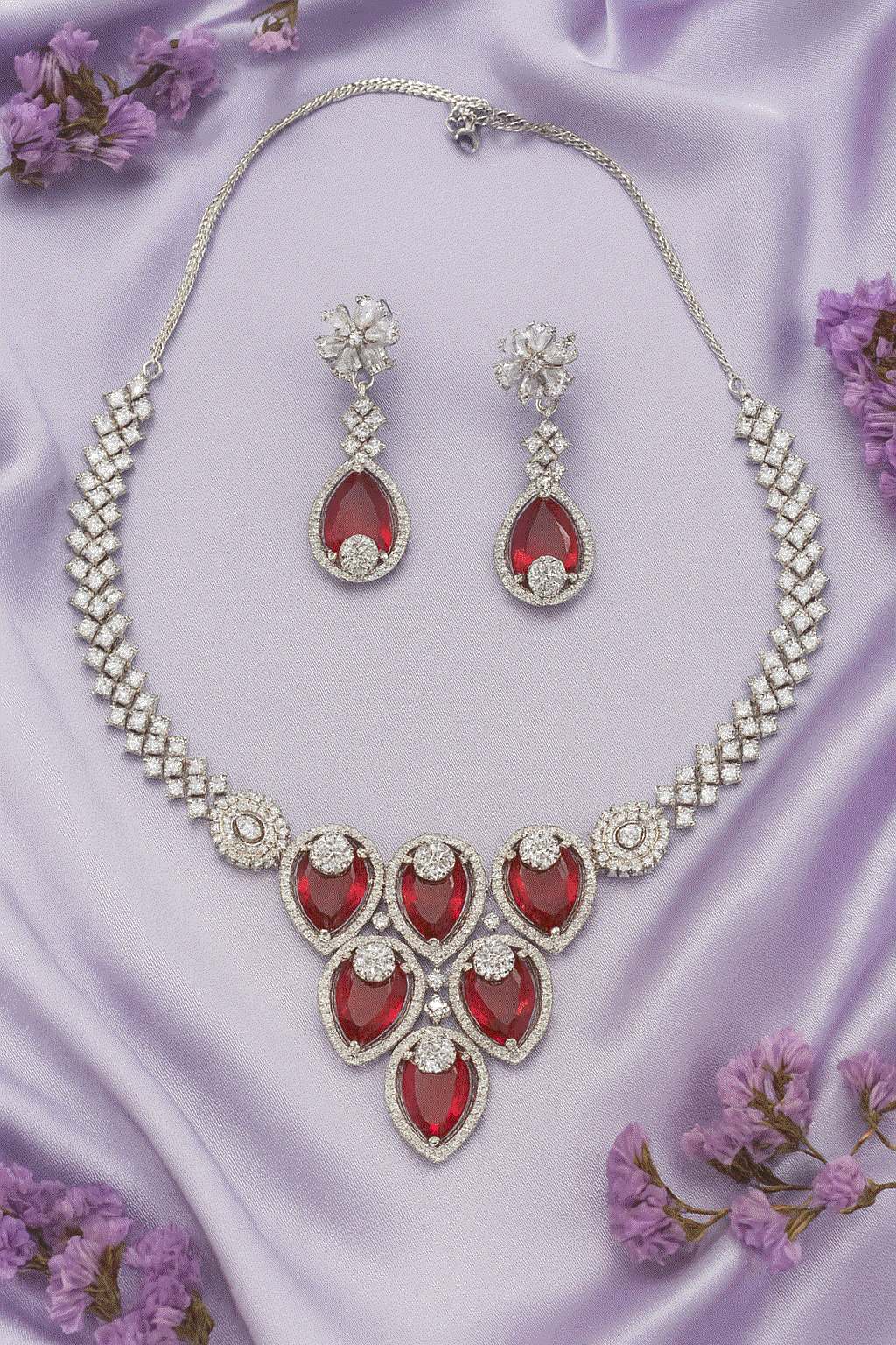 Luxury Ruby Red Heart CZ Wedding Necklace Set | Intimate Bridal V-Neck Jewelry | Anti-Tarnish Anniversary Gift - Miraasi Jewels