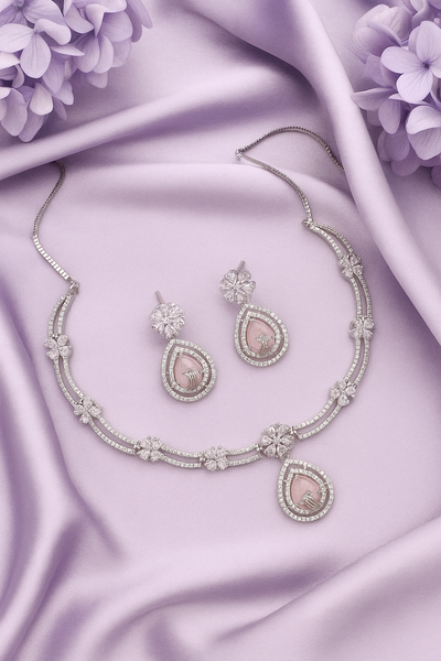 Elegant Intimate Jewelry Pink CZ Floral Drop Necklace Set | Luxury Rhodium Plated Rose Quartz Look Bridal Pendant | Ethereal & Romantic - Miraasi Jewels