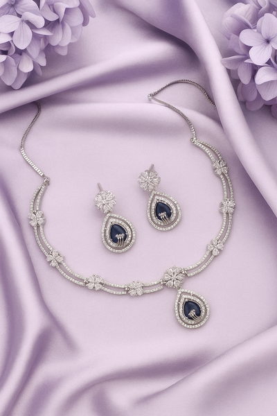 Regal Intimate Jewelry Sapphire Blue CZ Floral Drop Necklace Set | Luxury Rhodium Plated Blue Teardrop Pendant | Black-Tie & Anniversary Jewelry - Miraasi Jewels