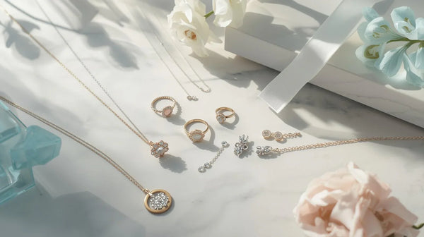 assorted elegant gold and silver jewelry including rings, pendants, and earrings arranged on marble surface with soft floral decoration, ideal jewelry for every occasion