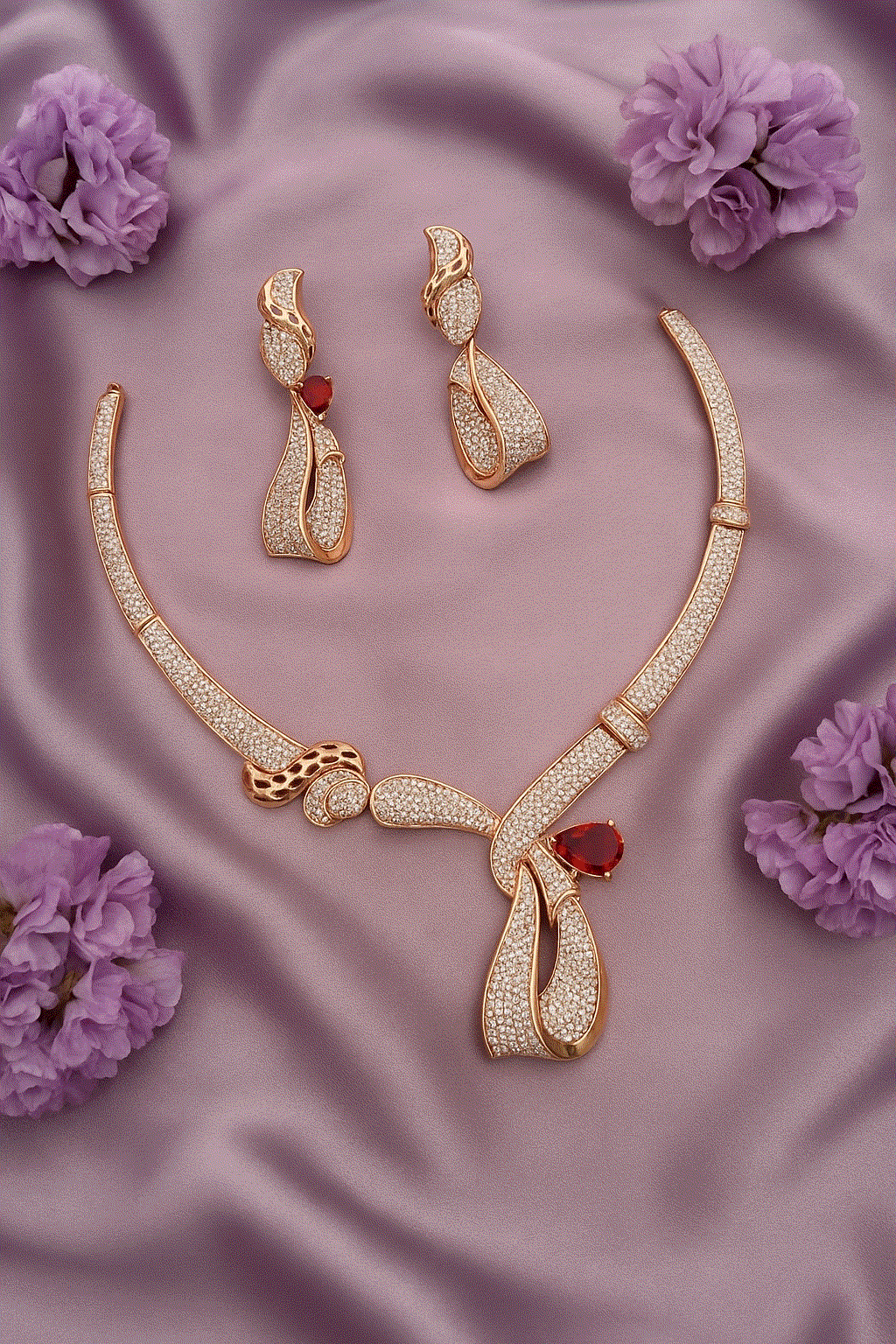 Passionate Ruby Luxury CZ Jewelry Set – Intimate Rose Gold Bridal Necklace & Drop Earrings for Wedding Galas - Miraasi Jewels