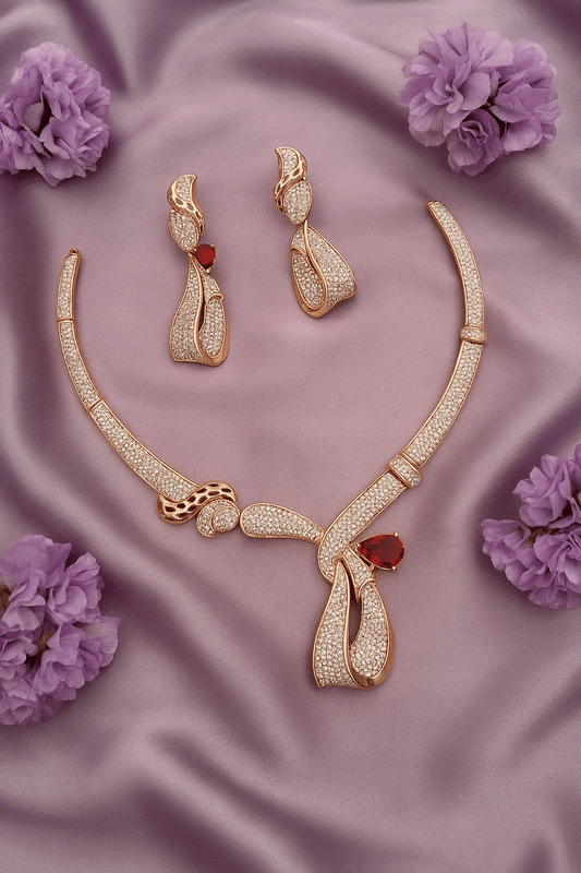 Passionate Ruby Luxury CZ Jewelry Set – Intimate Rose Gold Bridal Necklace & Drop Earrings for Wedding Galas - Miraasi Jewels