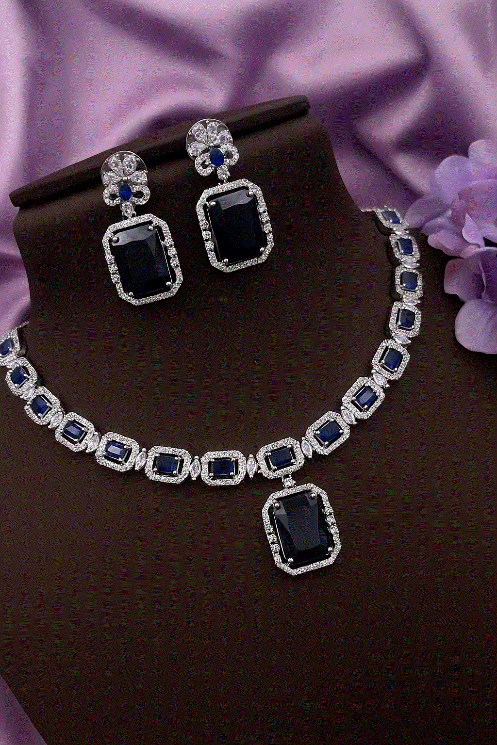 Timeless Ruby Red Pear Drop white gold tone bridal necklace and earrings set with cubic zirconia stones