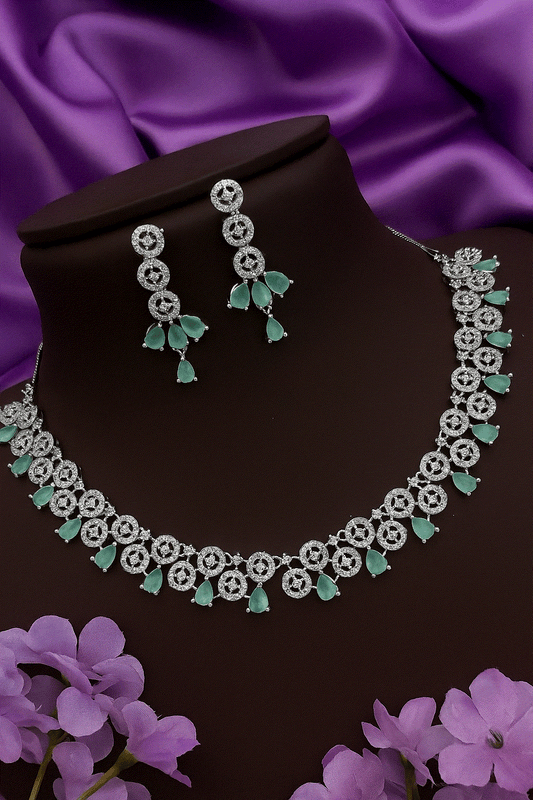 Mint green necklace set with cubic zirconia, luxury bridal jewelry, anti-tarnish, lightweight party wear earrings and necklace.