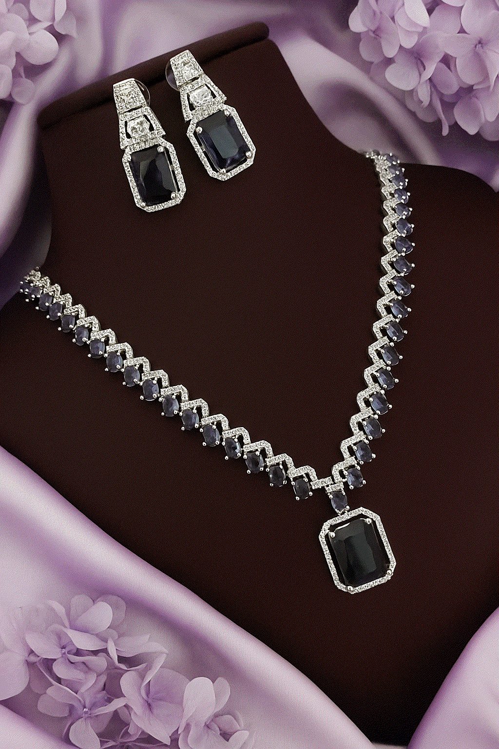 Dramatic black CZ diamond necklace and stud earrings set with white gold tone, elegant bridal and gala jewelry