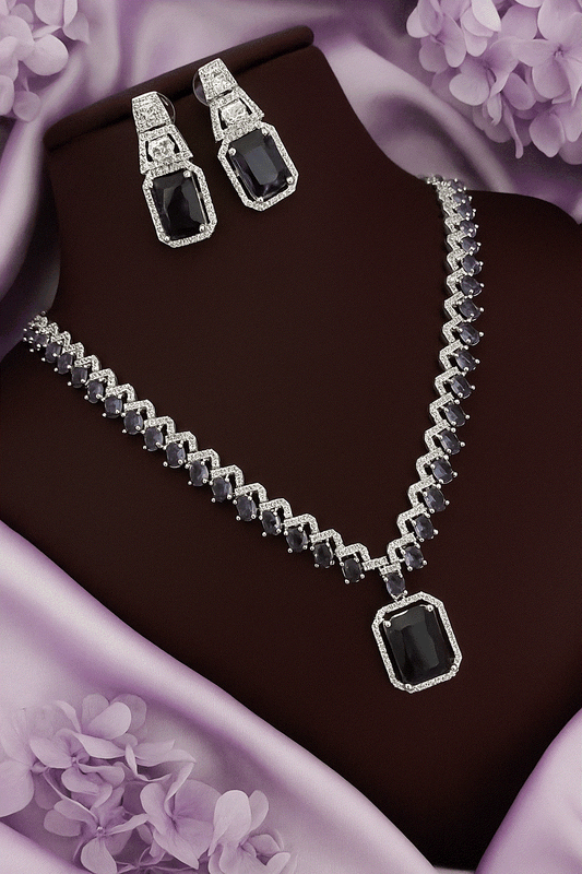 Dramatic black CZ diamond necklace and stud earrings set with white gold tone, elegant bridal and gala jewelry