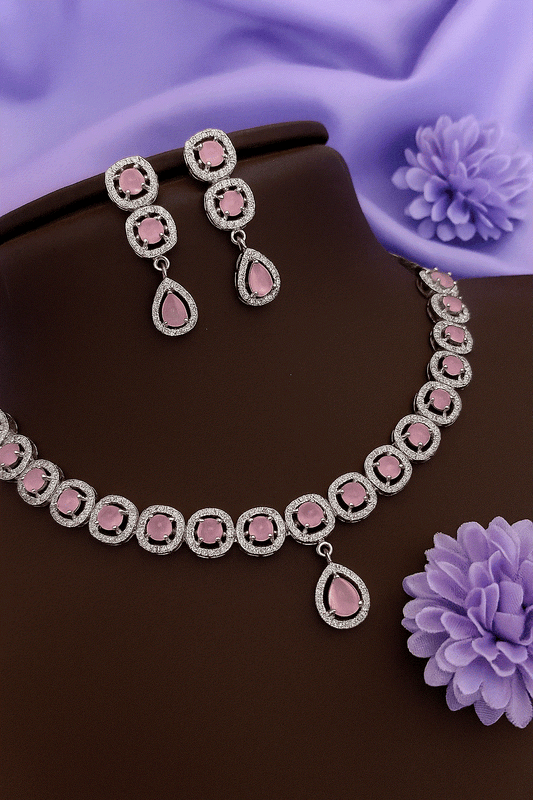 Blush Pink & CZ bridal necklace set with earrings, elegant anti-tarnish luxury jewelry for weddings and parties
