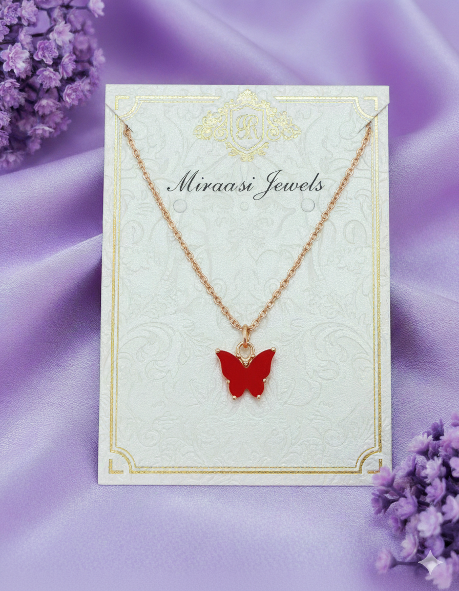 Red Enamel Butterfly Pendant Necklace | Rose Gold Tone Dainty Chain | Aesthetic Y2K Inspired Jewelry