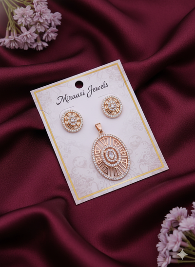 Rose Gold Geometric Oval Pendant & Stud Earrings Set | Modern CZ Diamond Jewelry