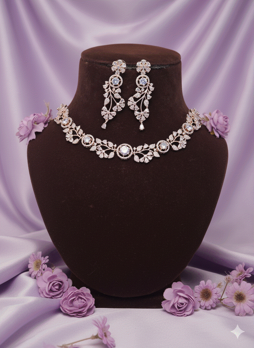 Luxury CZ Intimate Jewelry Set gold plated floral vine bridal necklace and diamond look statement earrings on velvet stand with lavender flowers