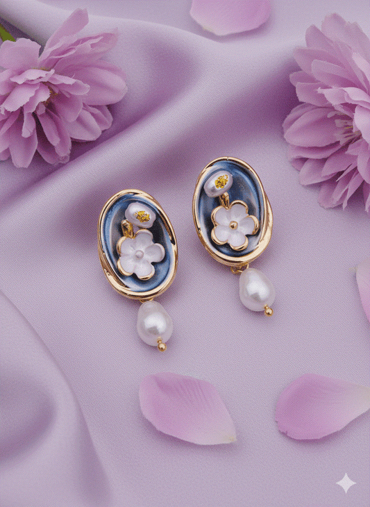 Intimate Jewelry | Luxury Blue Enamel Floral & Pearl Drop Earrings | Gold-Tone Baroque Danglers | Statement Bridal & Wedding Guest Jewelry