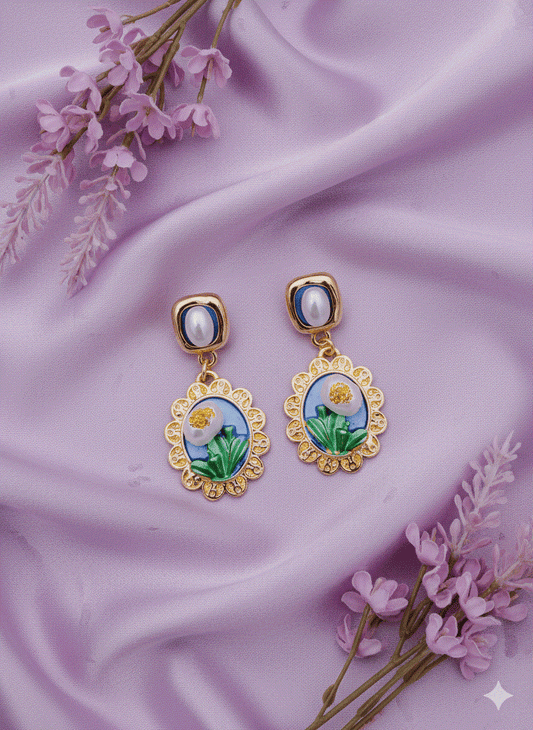 Intimate Jewelry | Elegant Floral Enamel Drop Earrings | Luxury Gold-Tone Scalloped Pearl Danglers | Unique Bridal & Wedding Party Fashion Jewelry