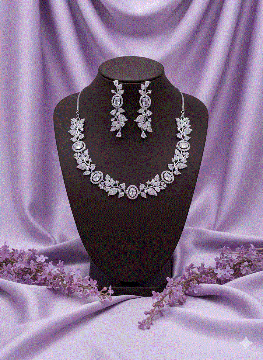 Luxury Clear CZ Leaf Bridal Necklace Set | Intimate Wedding & Special Occasion Jewelry