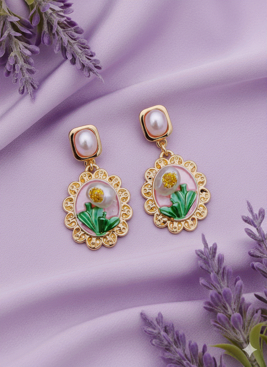Intimate Jewelry | Charming Pink Floral Enamel Drop Earrings | Luxury Gold-Tone Scalloped Pearl Danglers | Bridal & Wedding Party Fashion Jewelry for Her