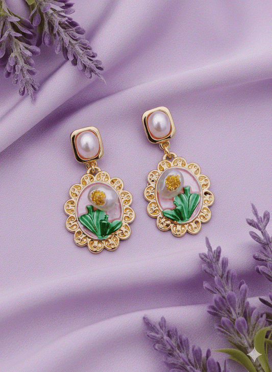 Intimate Jewelry | Charming Pink Floral Enamel Drop Earrings | Luxury Gold-Tone Scalloped Pearl Danglers | Bridal & Wedding Party Fashion Jewelry for Her