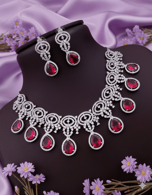 Regal Ruby Red Luxury CZ Intimate Jewelry Set | Silver-Tone Bridal Wedding Necklace Set & Drop Earrings for Gala & Festive Celebrations
