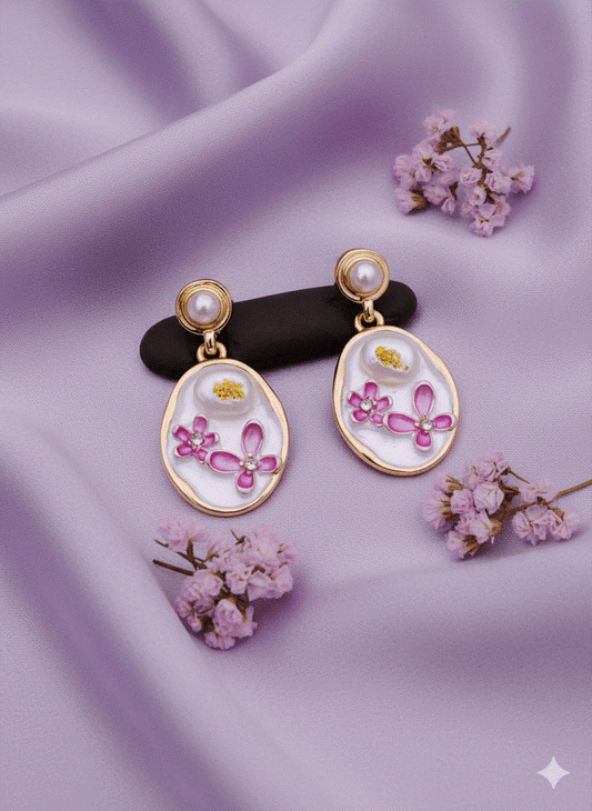 Intimate Jewelry | Charming White Enamel Pink Floral Drop Earrings | Luxury Gold-Tone Irregular Pearl Danglers | Designer Bridal & Wedding Guest Statement Jewelry