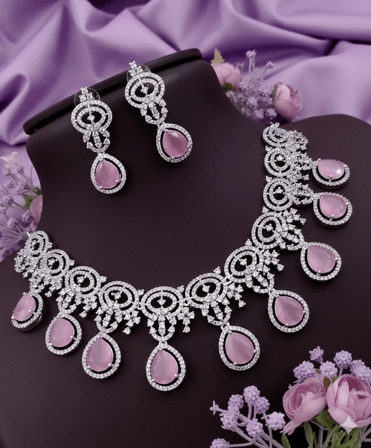 Blush Pink Luxury CZ Intimate Jewelry Set | Silver-Tone Bridal Wedding Necklace Set & Drop Earrings for Romantic Celebrations & Gifts