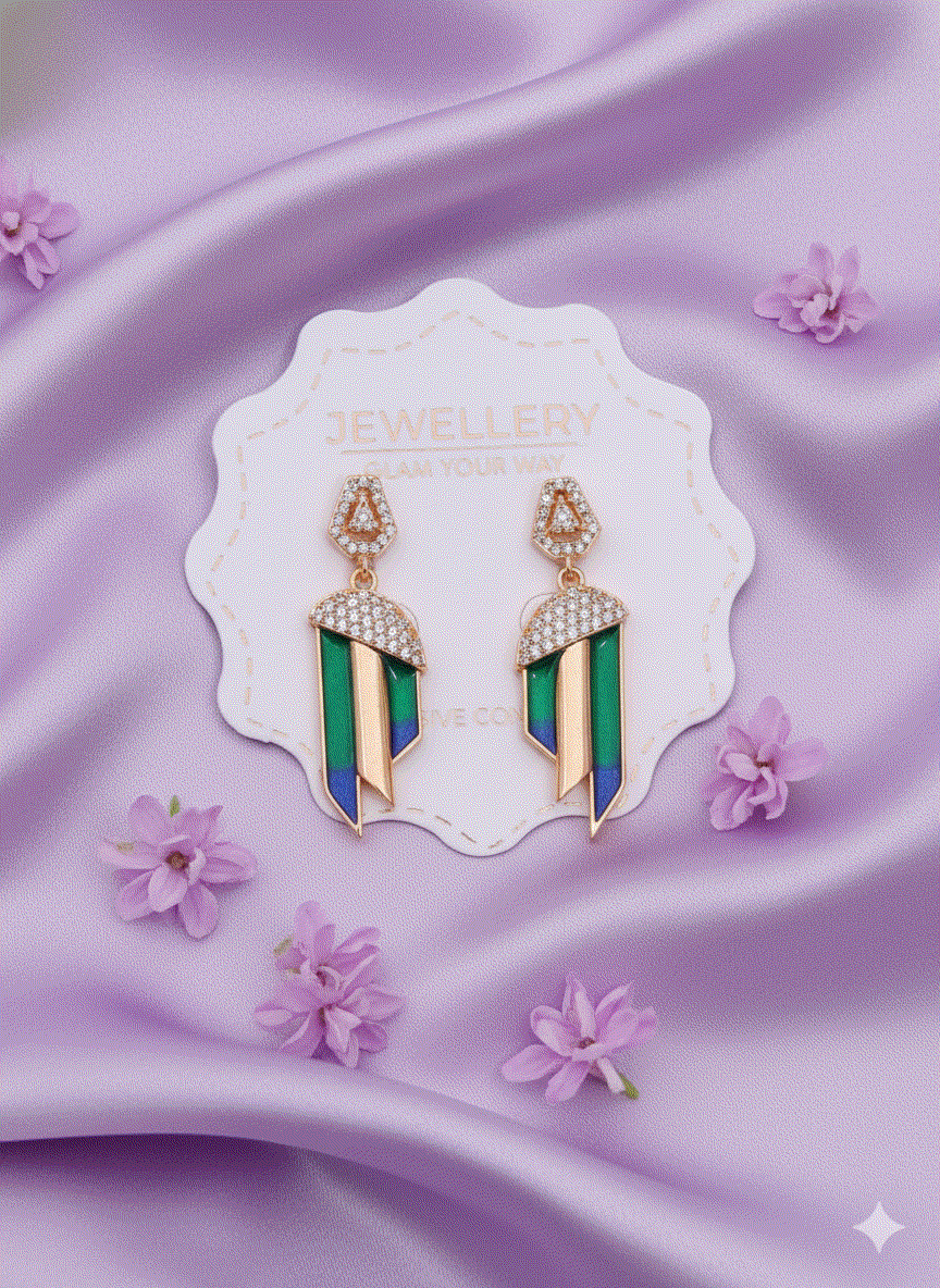 Intimate Jewelry | Luxury CZ Art Deco Drop Earrings | Gold-Plated Geometric Enamel Danglers | Elegant Wedding Guest & Party Statement Jewelry
