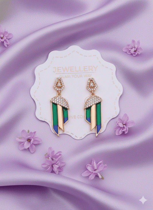 Intimate Jewelry | Luxury CZ Art Deco Drop Earrings | Gold-Plated Geometric Enamel Danglers | Elegant Wedding Guest & Party Statement Jewelry