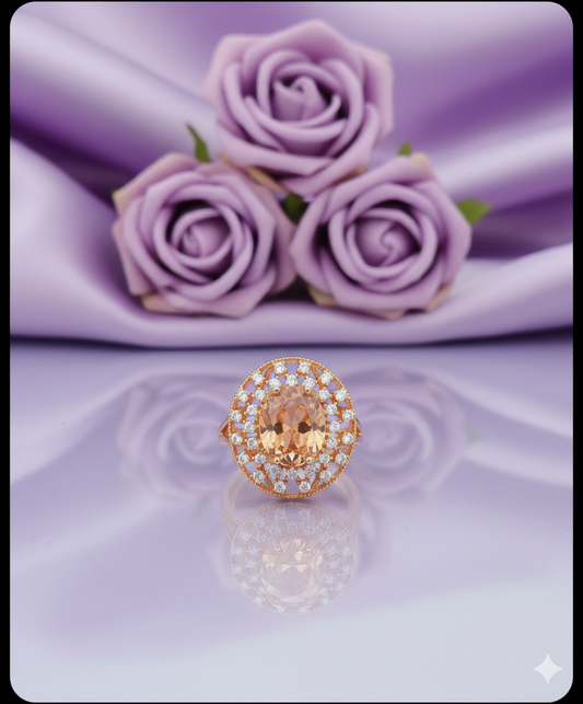 Peach Morganite Color Oval Halo Ring | Rose Gold Tone Pave Setting Statement Jewelry | Vintage-Inspired Gift