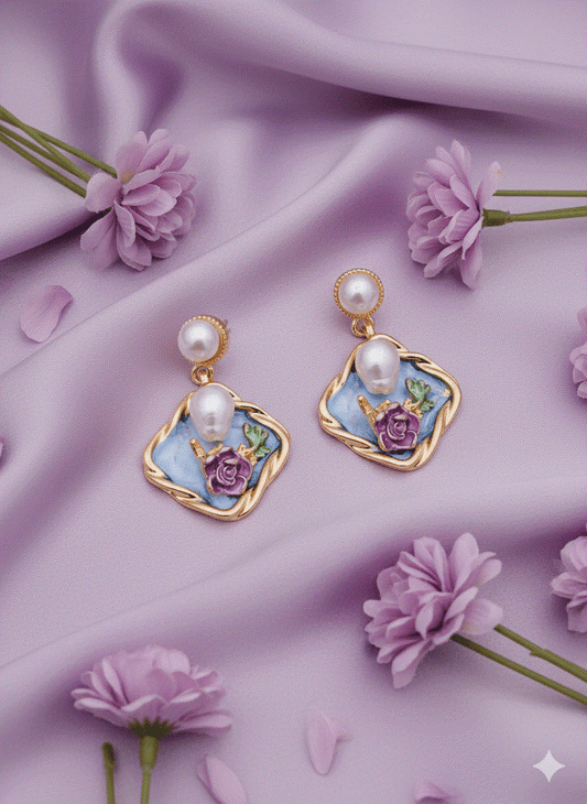 Intimate Jewelry | Luxury Gold-Plated CZ Rose Drop Earrings | Vintage Floral Enamel Pearl Danglers | Perfect Bridal & Wedding Party Jewelry