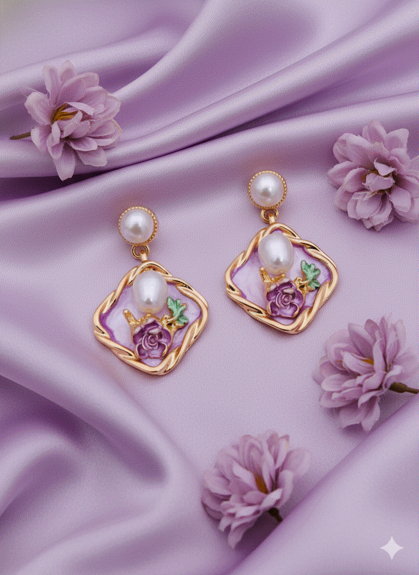 Intimate Jewelry | Elegant Lavender Enamel Rose Drop Earrings | Luxury Gold-Tone Pearl Danglers | Vintage Floral Bridal Jewelry for Weddings & Parties
