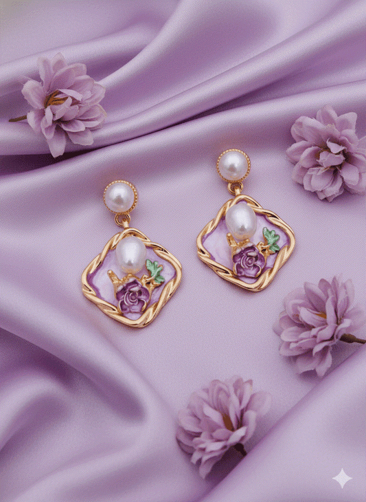 Intimate Jewelry | Elegant Lavender Enamel Rose Drop Earrings | Luxury Gold-Tone Pearl Danglers | Vintage Floral Bridal Jewelry for Weddings & Parties