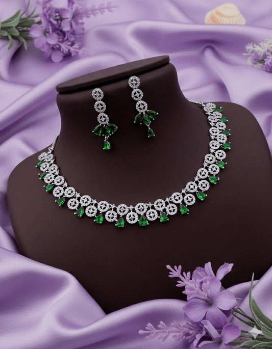 Emerald Green Luxury CZ Intimate Jewelry Set | Silver-Tone Bridal Wedding Necklace Set & Drop Earrings for Gala & Formal Party