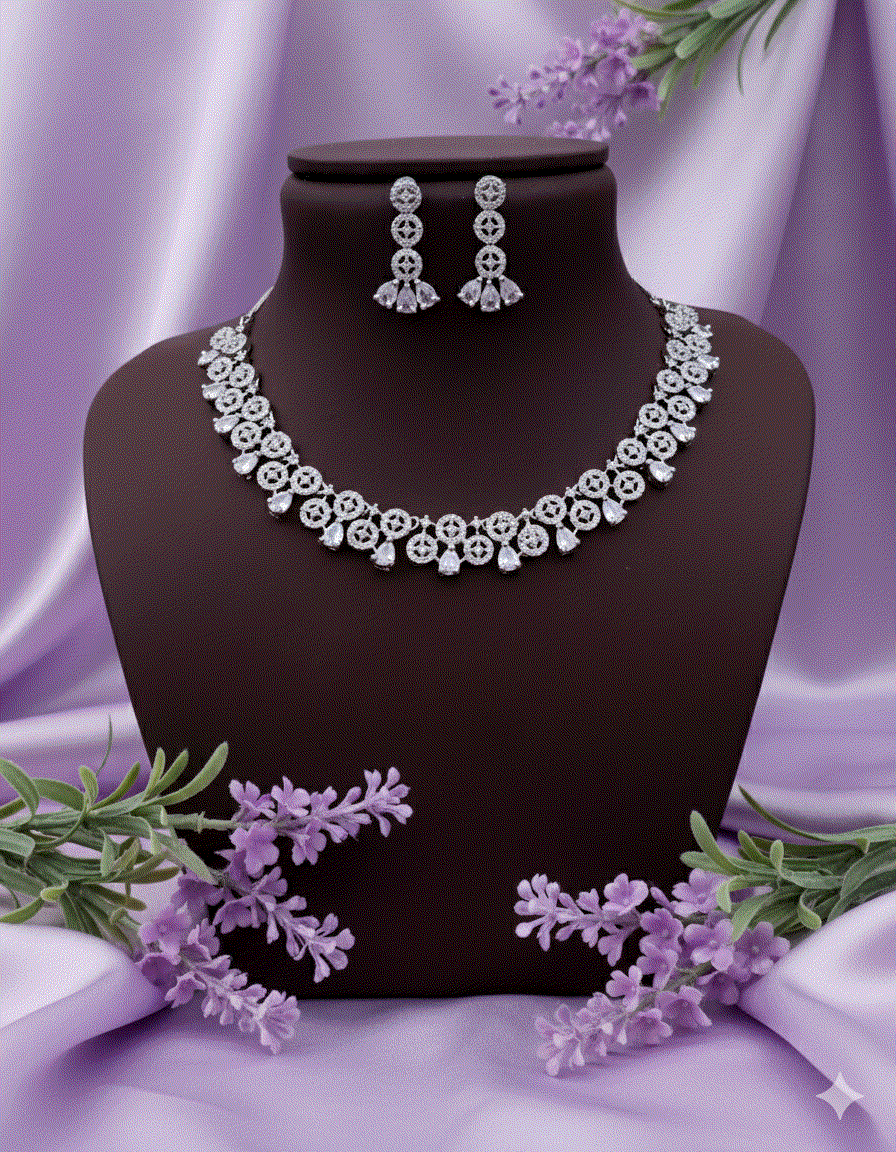 Celestial Bloom Bridal Jewelry Set | Luxury CZ Intimate Necklace & Dangler Earrings | Classic All-White Wedding Necklace Set