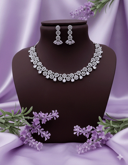 Celestial Bloom Bridal Jewelry Set | Luxury CZ Intimate Necklace & Dangler Earrings | Classic All-White Wedding Necklace Set