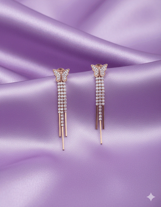 Flutter & Shine Intimate Dangle Earrings - Rose Gold Butterfly CZ Fringe Earrings - Luxury Statement Jewelry for Parties, Bridal & Gala