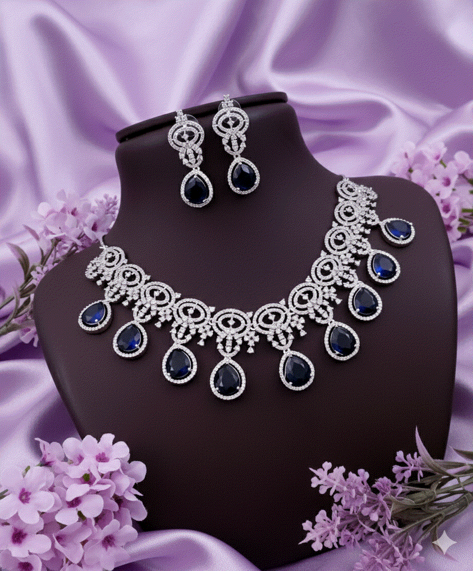 Midnight Majesty Luxury CZ Intimate Jewelry Set | Grand Sapphire Teardrop Wedding Necklace &amp; Chandelier Earrings | Premium Bridal Jewelry