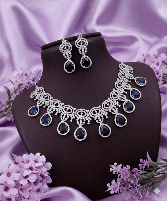 Midnight Majesty Luxury CZ Intimate Jewelry Set | Grand Sapphire Teardrop Wedding Necklace &amp; Chandelier Earrings | Premium Bridal Jewelry