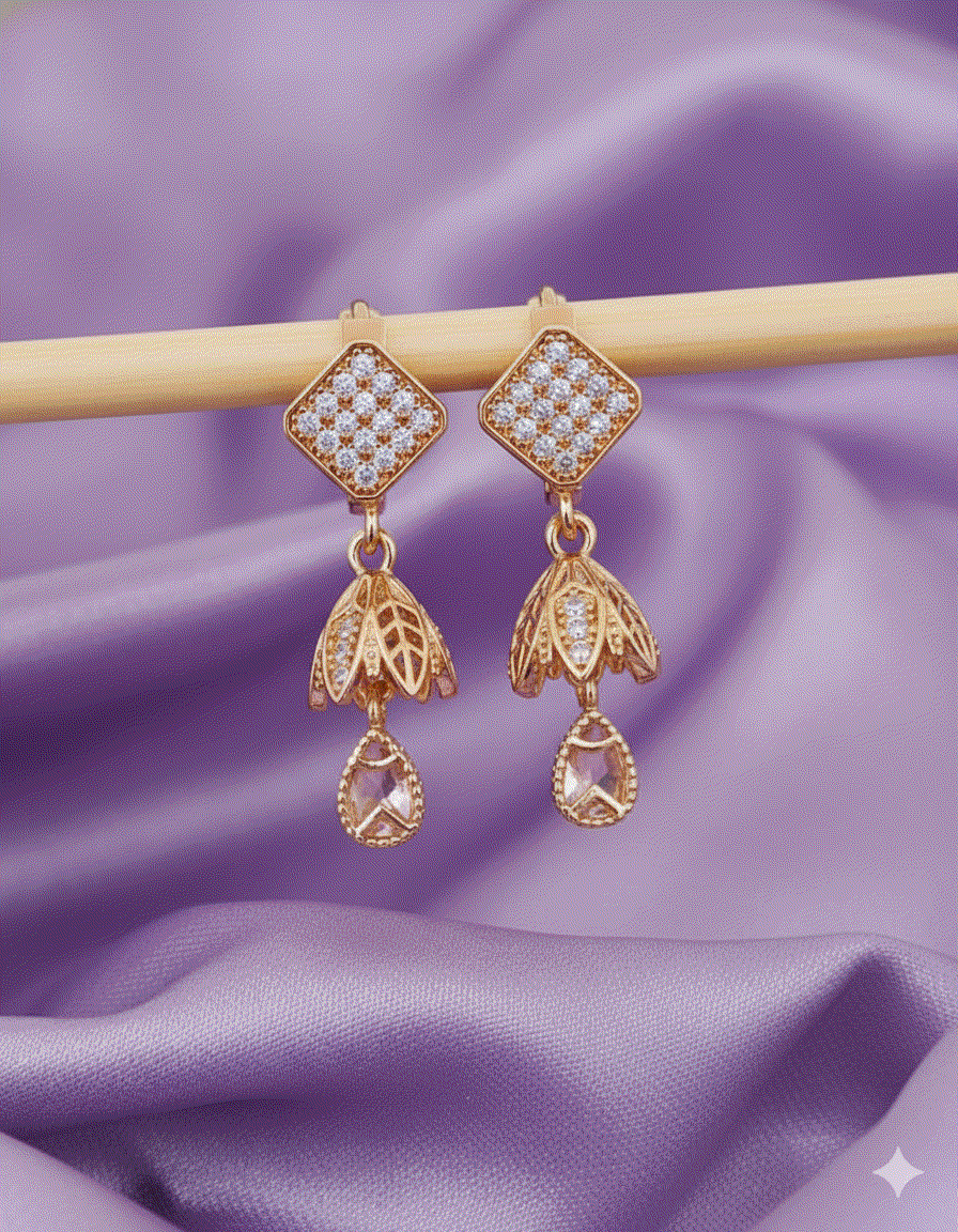 Lumina Bloom Intimate Dangle Earrings - Luxury CZ Rhombus & Floral Bell Drop Earrings - Elegant Bridal & Cocktail Jewelry