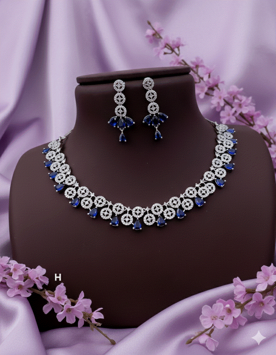 Sapphire Serenity Luxury CZ Intimate Jewelry Set | Deep Blue Dangler Earrings & Necklace | Premium Rhodium Plated Wedding/Party Jewelry