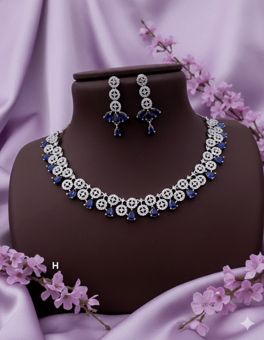 Sapphire Serenity Luxury CZ Intimate Jewelry Set | Deep Blue Dangler Earrings & Necklace | Premium Rhodium Plated Wedding/Party Jewelry