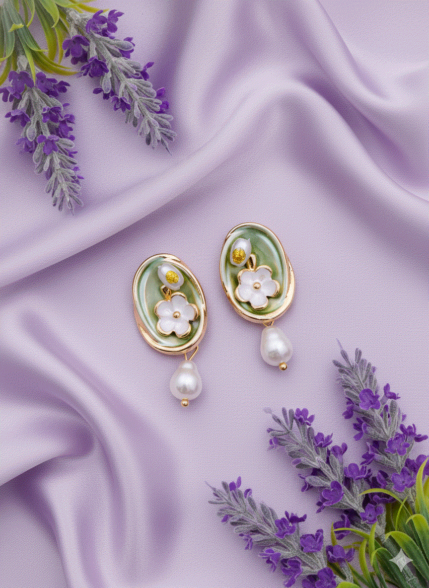 Intimate Jewelry | Elegant Sage Green Enamel Floral & Pearl Drop Earrings | Luxury Gold-Tone Baroque Danglers | Designer Bridal & Wedding Guest Accessory