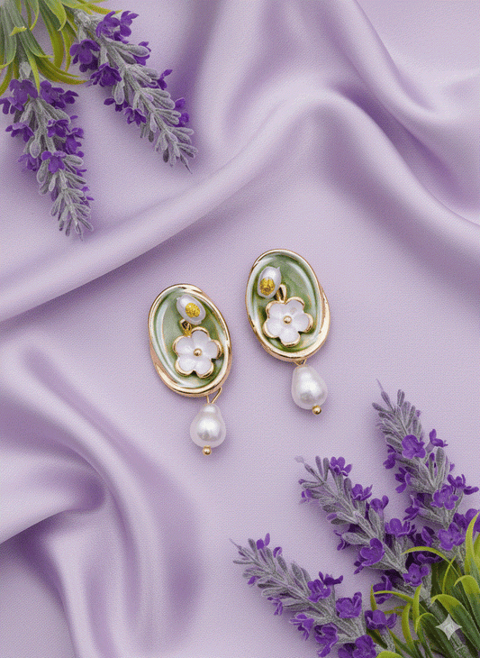 Intimate Jewelry | Elegant Sage Green Enamel Floral & Pearl Drop Earrings | Luxury Gold-Tone Baroque Danglers | Designer Bridal & Wedding Guest Accessory