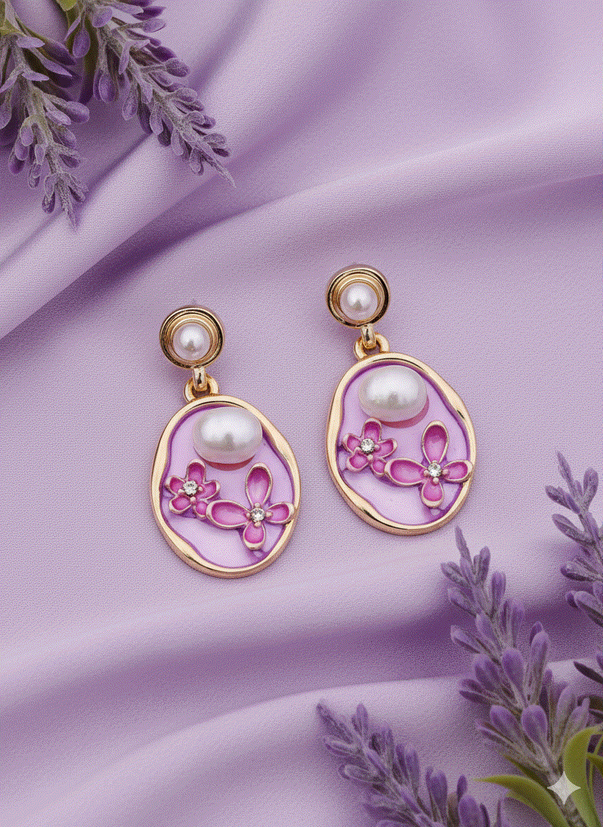 Intimate Jewelry | Charming White Enamel Pink Floral Drop Earrings | Luxury Gold-Tone Irregular Pearl Danglers | Designer Bridal & Wedding Guest Statement Jewelry