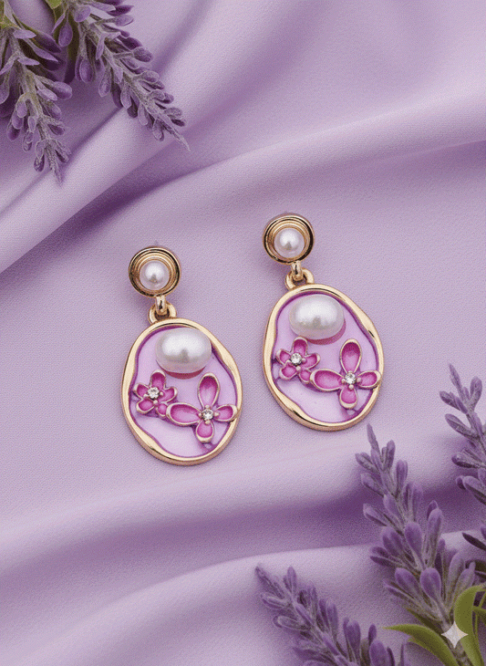 Intimate Jewelry | Charming White Enamel Pink Floral Drop Earrings | Luxury Gold-Tone Irregular Pearl Danglers | Designer Bridal & Wedding Guest Statement Jewelry