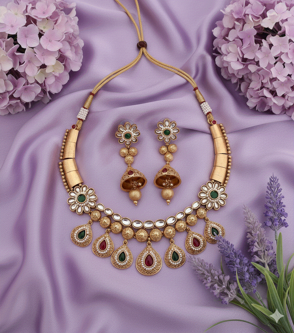 Traditional gold plated stone studded and beaded choker necklace set with kundan-look ruby and emerald stones and matching earrings on purple fabric background