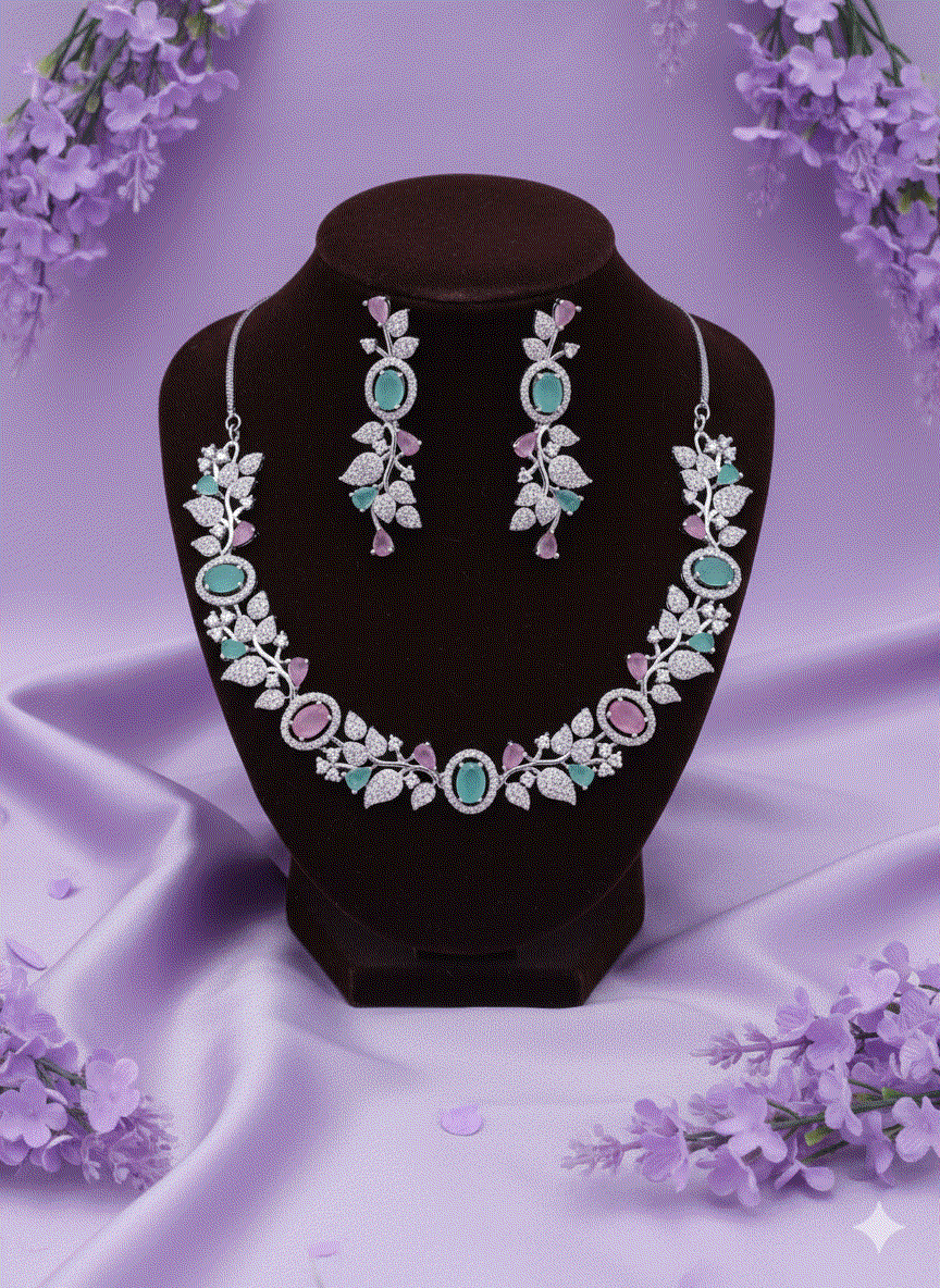 Intimate Jewelry Multi-Color CZ Necklace Set | Luxury Teal & Pink Engagement & Party Accessories