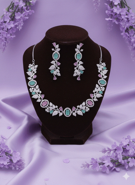 Intimate Jewelry Multi-Color CZ Necklace Set | Luxury Teal & Pink Engagement & Party Accessories