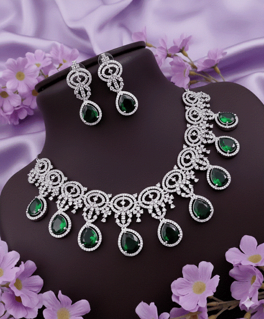 Opulent Emerald Green Luxury CZ Intimate Jewelry Set | Silver-Tone Bridal Wedding Necklace Set & Drop Earrings for Galas & Grand Events