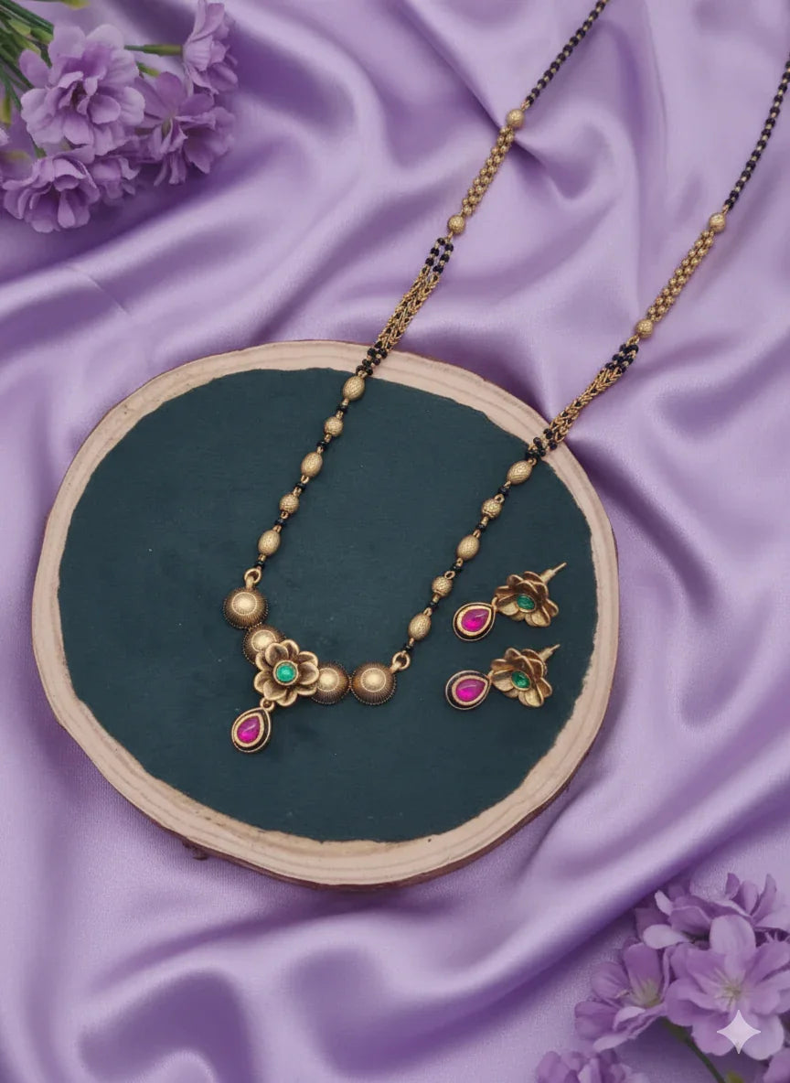 Petite Heritage Intimate Jewelry Mangalsutra Set – Delicate Matte Gold Traditional Wedding Necklace with Stud Earrings - Miraasi Jewels