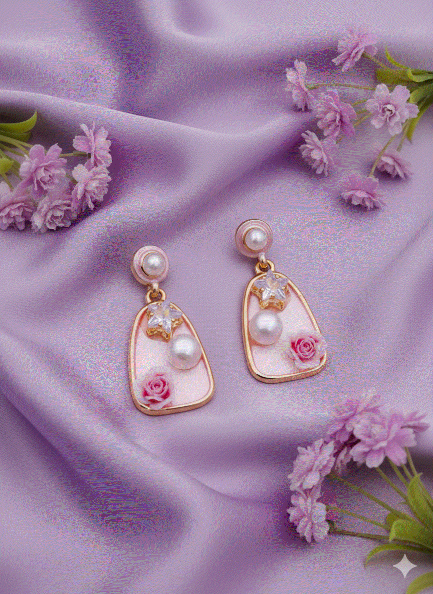 Intimate Jewelry | Luxury White Enamel Pink Floral Drop Earrings | Gold-Tone Irregular Pearl & CZ Jewelry Danglers | Elegant Bridal & Wedding Guest Statement