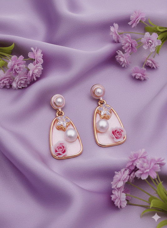 Intimate Jewelry | Luxury White Enamel Pink Floral Drop Earrings | Gold-Tone Irregular Pearl & CZ Jewelry Danglers | Elegant Bridal & Wedding Guest Statement