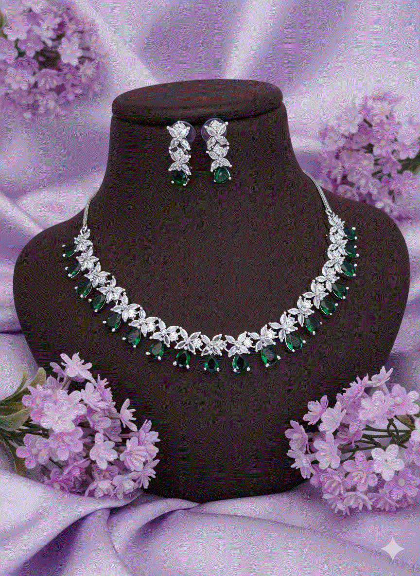 Graceful Emerald Green Floral Luxury CZ Intimate Jewelry Set | Silver-Tone Bridal Wedding Necklace Set & Drop Earrings for Garden Weddings & Celebrations