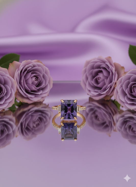 Violet Emerald Cut Cocktail Ring | Rose Gold Tone Statement Jewelry with CZ Accents | Luxury Gift for Her